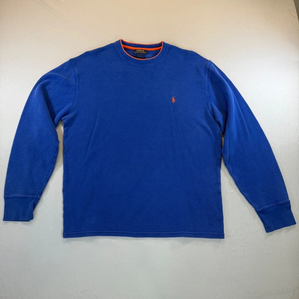 Polo Ralph Lauren Mens XL Blue Waffle Knit Thermal Long Sleeve Shirt Orange Pony